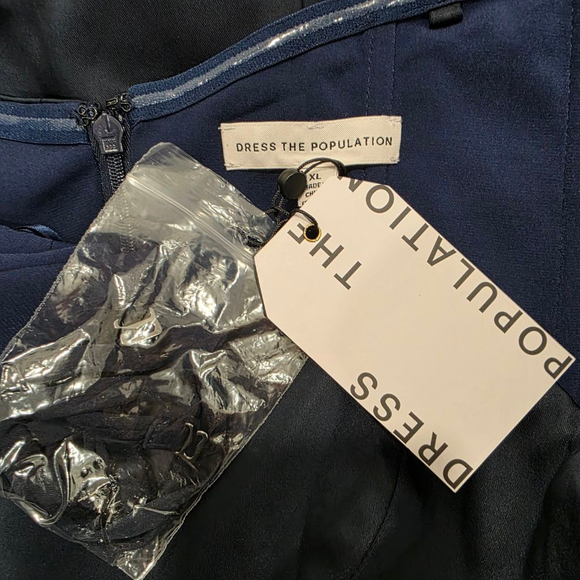 Dress The Population Navy Off Shoulder Satin Midi Cocktail Dress XL NWT - Picture 2 of 14